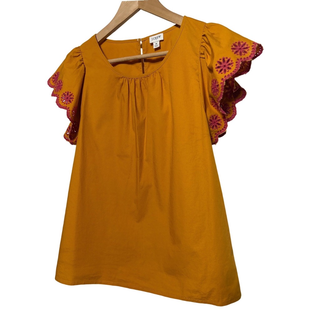 J. Crew Embroidered Flutter Sleeve Blouse Stretch Cotton Poplin Rough Amber Sz M